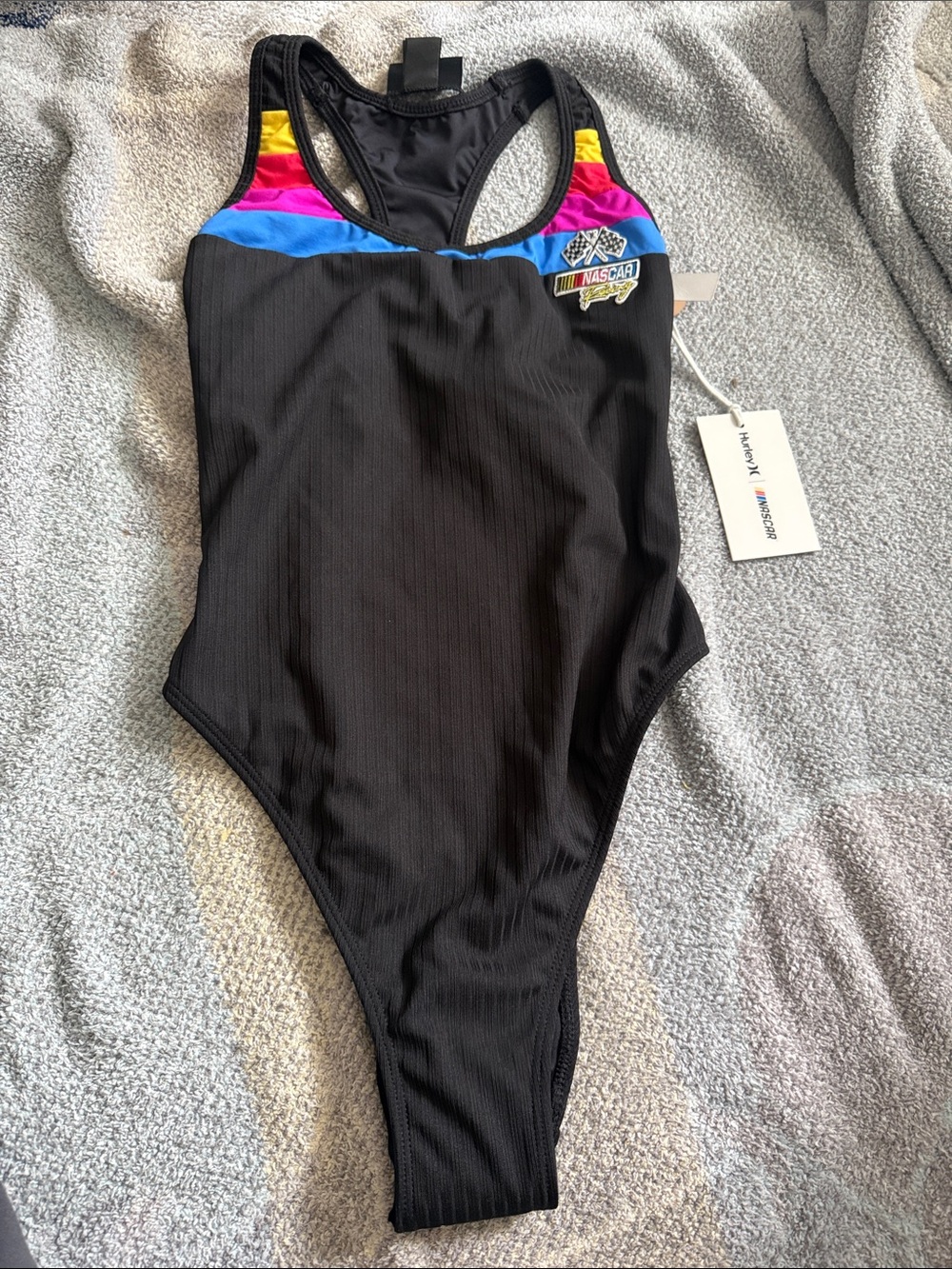 Hurley Black One-Piece Swimsuit with Pink Blue and Yellow Accents
